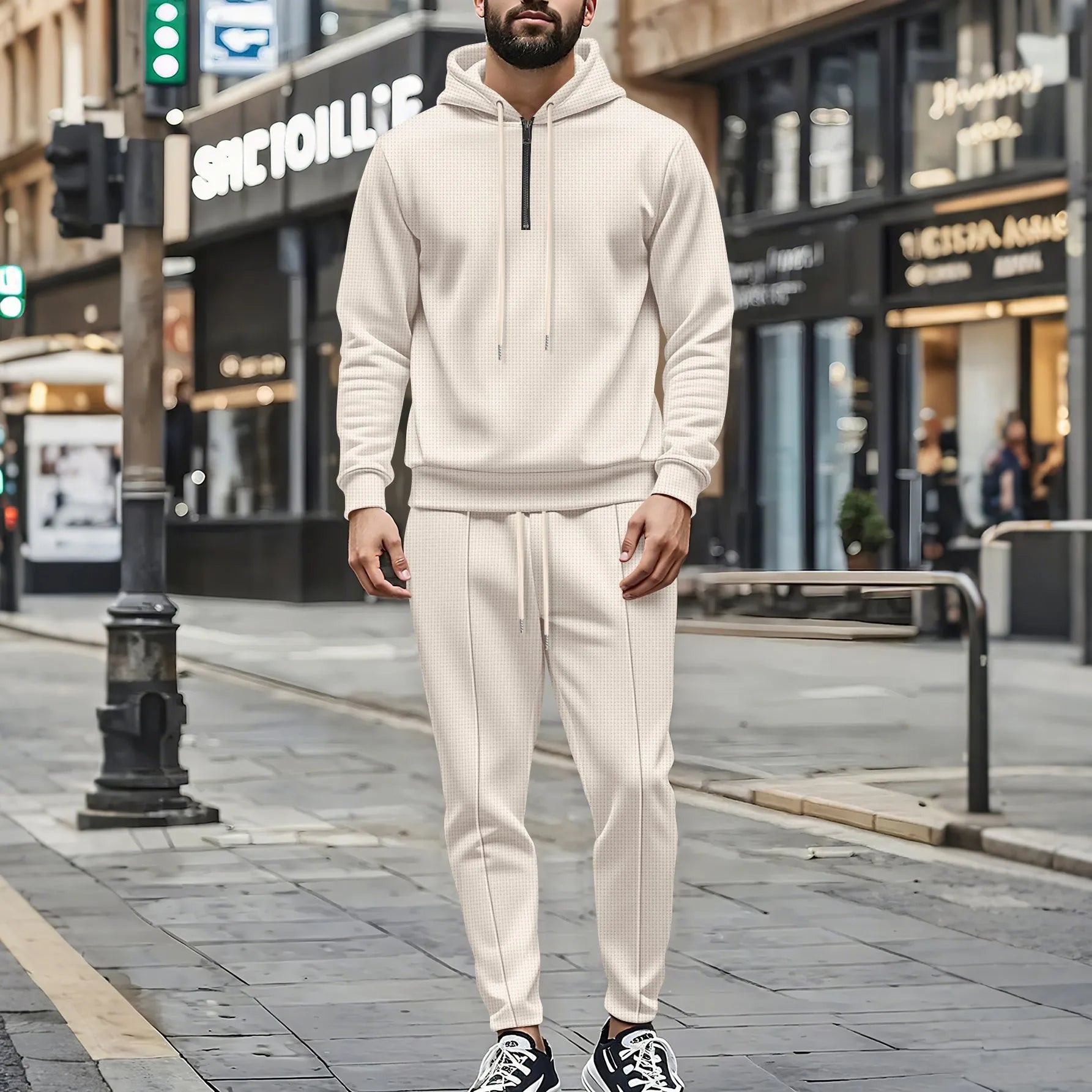 Ensemble pull et pantalon à manches longues pour hommes, gaufré, couleur unie, à capuche, demi-zip, cordon de serrage, nouvelle collection automne