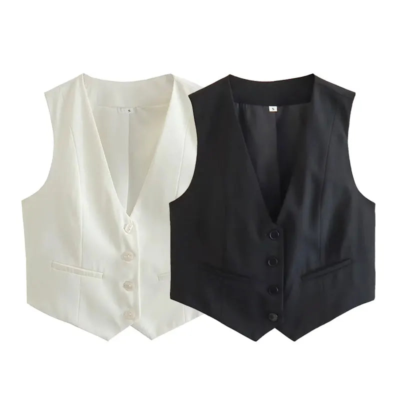 TRAFZA-Gilet Court pour Femme, Col en V, Simple Boutonnage, Vintage, Streetwear Décontracté, Haut Chic Sauvage, Nouvelle Mode, Été
