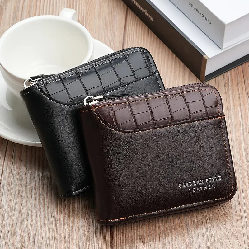 Portefeuille en cuir pour hommes, porte-monnaie de luxe, porte-cartes à fermeture éclair avec poche pour pièces de monnaie, portefeuilles Rfid, cadeaux pour hommes, sac d'argent