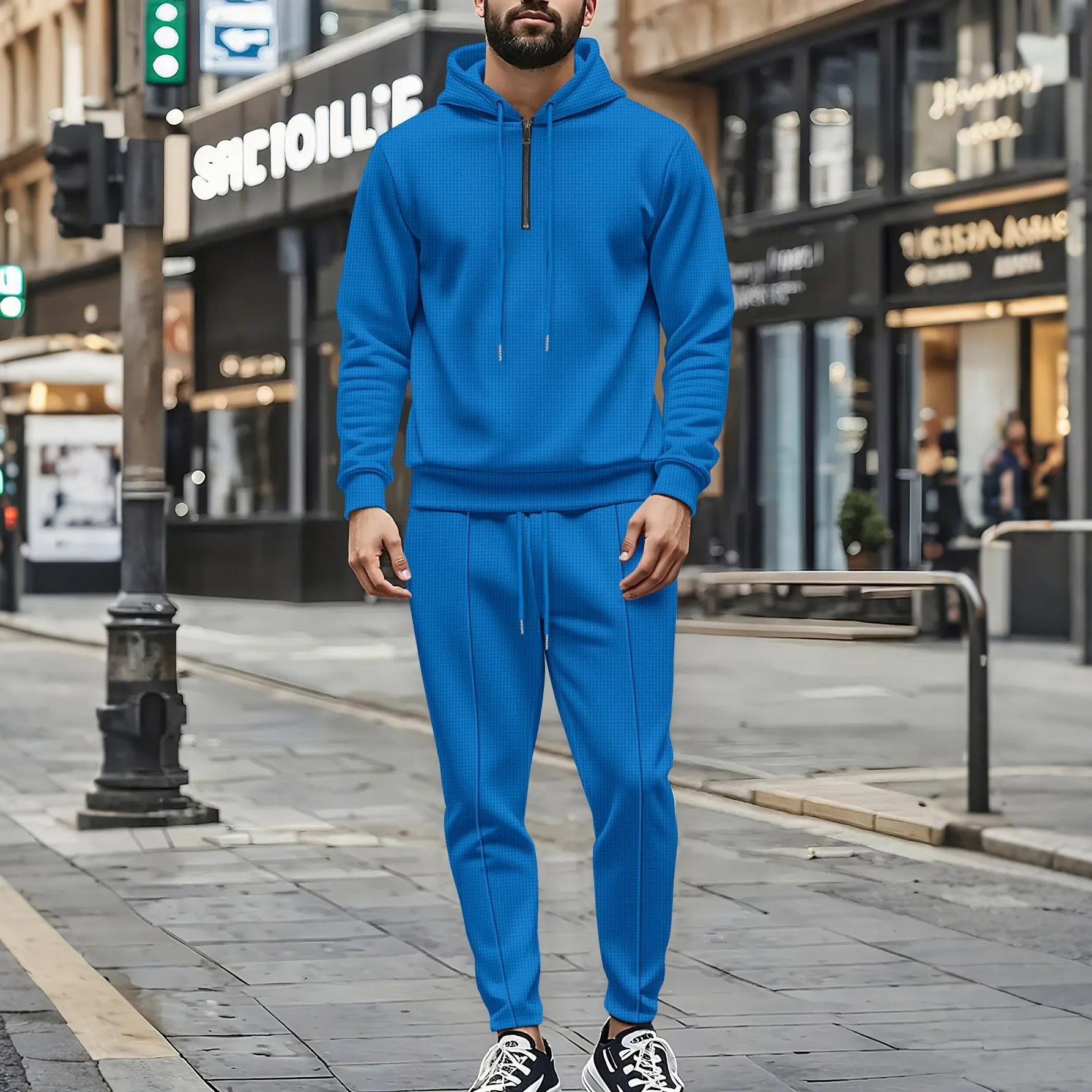 Ensemble pull et pantalon à manches longues pour hommes, gaufré, couleur unie, à capuche, demi-zip, cordon de serrage, nouvelle collection automne