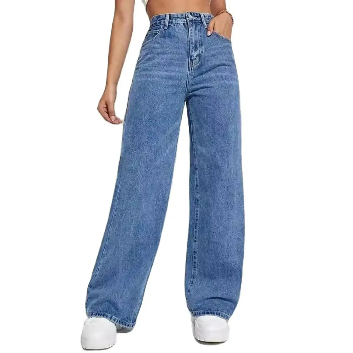 Jean bleu rétro pour femmes, y2k, pantalon droit ample, taille haute, slim, tout-en-un, à la mode