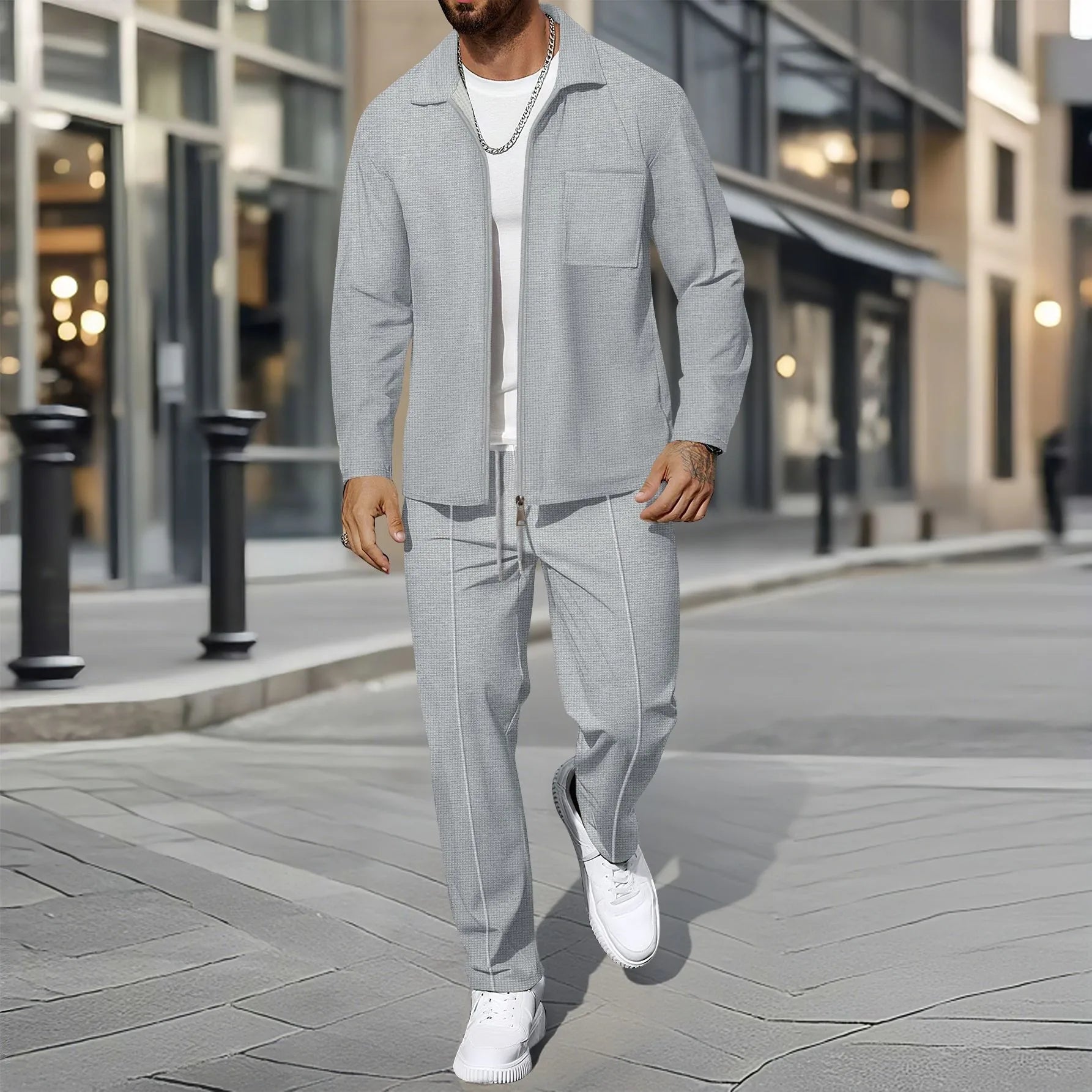 Ensemble veste cardigan ajustée à motif gaufré pour hommes, couleur unie, fermeture éclair, poche avant, revers, automne et hiver