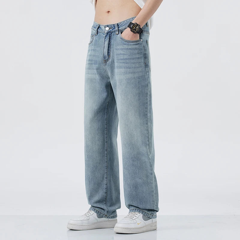 Jean à jambes droites de style coréen pour hommes, pantalon ample polyvalent, à la mode, bleu délavé, cool, confortable, hangin, printemps/été 2025