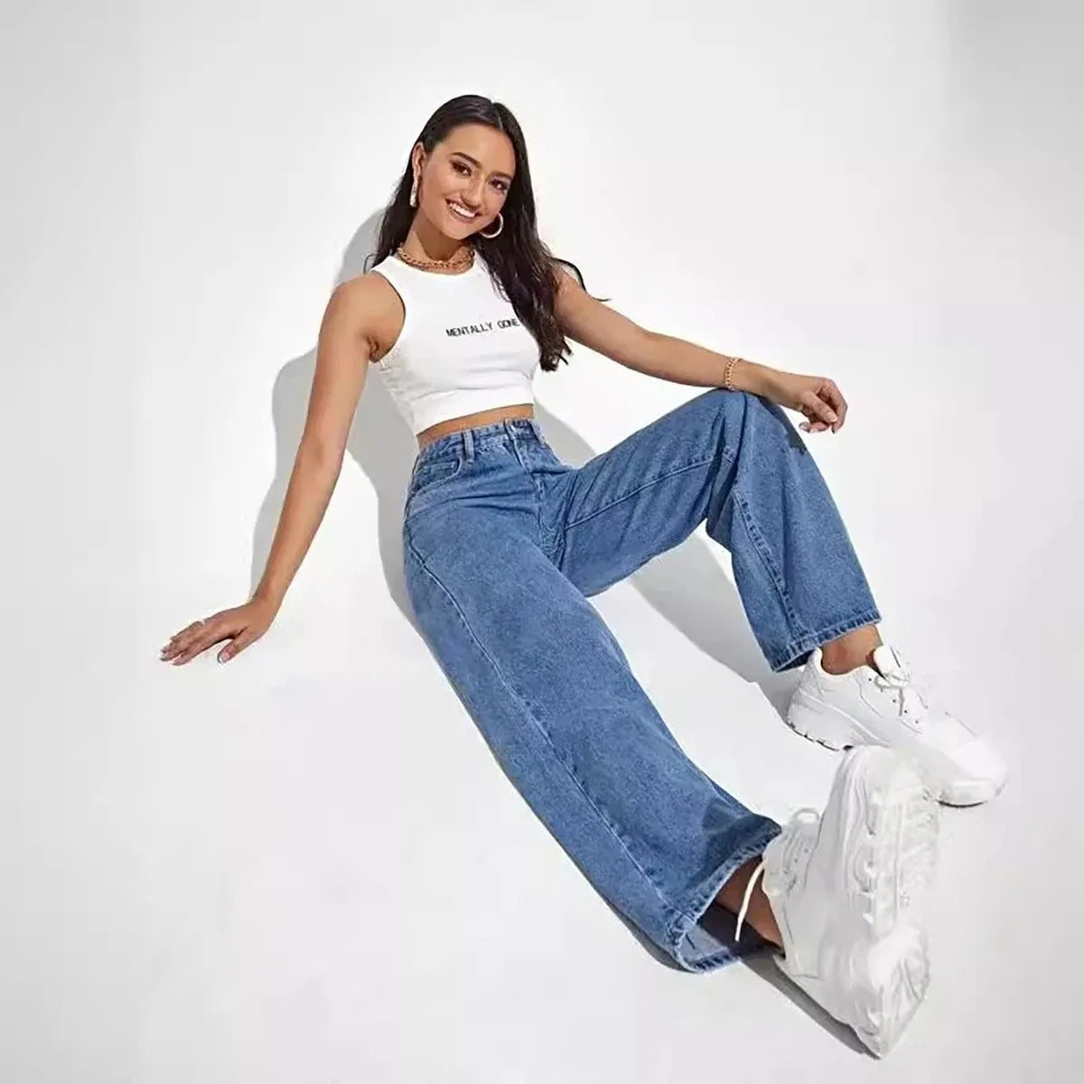 Jean bleu rétro pour femmes, y2k, pantalon droit ample, taille haute, slim, tout-en-un, à la mode
