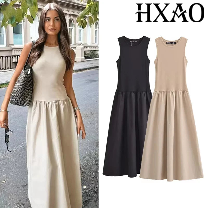 HXAO kaki robes longues élégantes 2025 femmes printemps sans manches robes noires mode décontracté fête Y2k robe robes pour femme