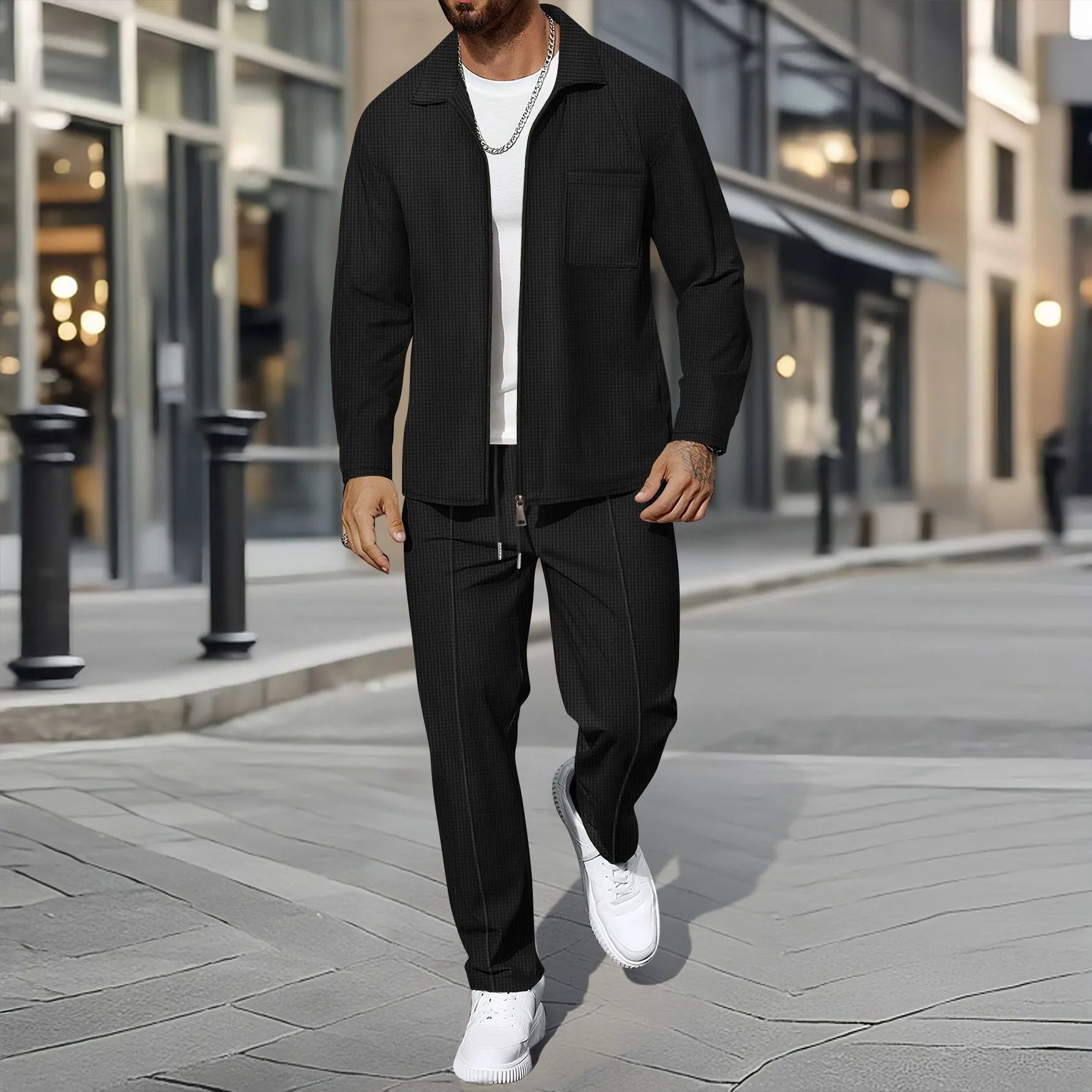 Ensemble veste cardigan ajustée à motif gaufré pour hommes, couleur unie, fermeture éclair, poche avant, revers, automne et hiver