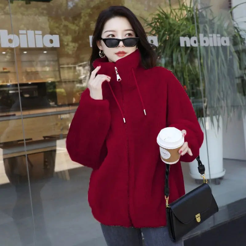 Femmes hiver Double corail polaire manteau chaud col montant en peluche épais pardessus femme mode décontracté à manches longues fermeture éclair vêtements