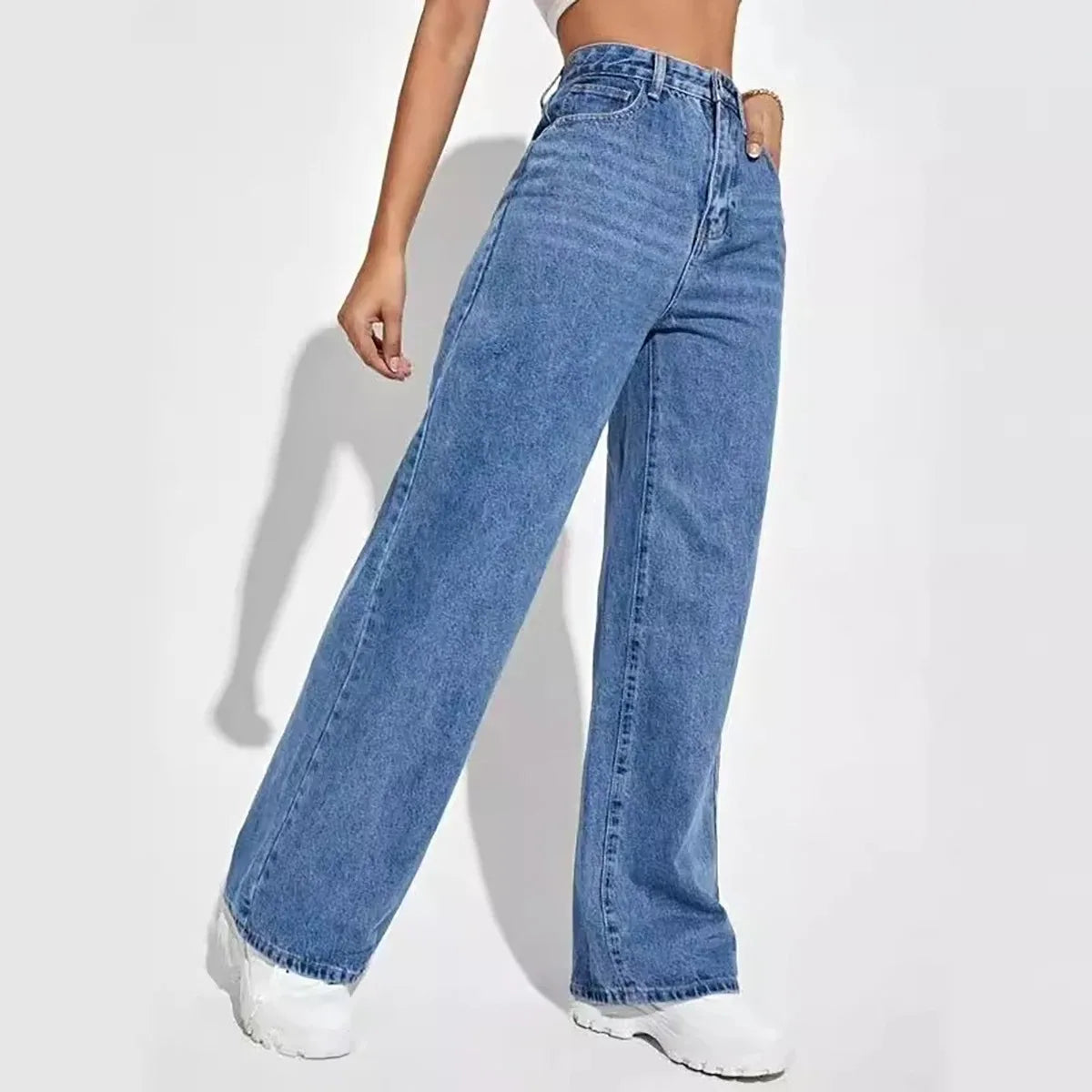 Jean bleu rétro pour femmes, y2k, pantalon droit ample, taille haute, slim, tout-en-un, à la mode