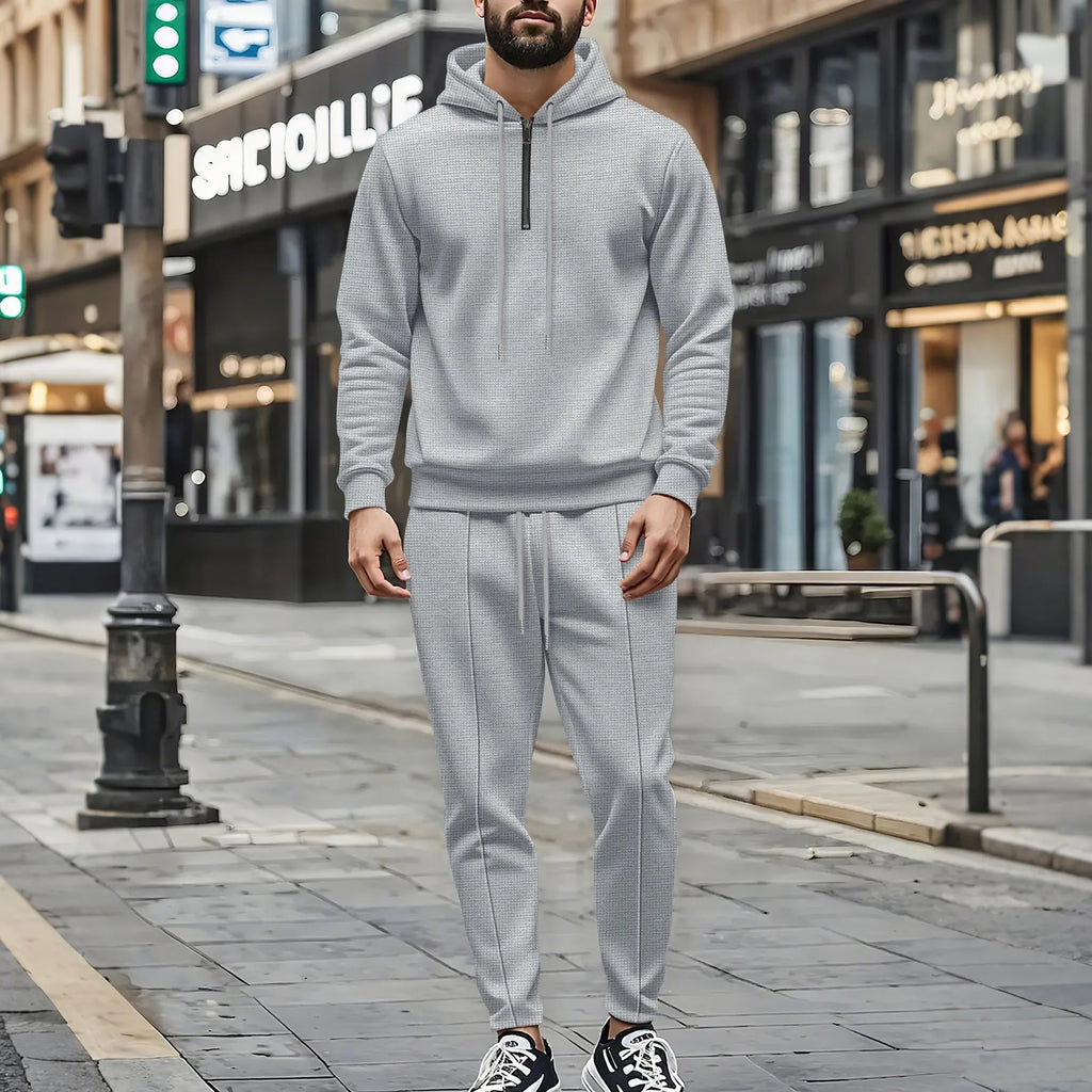 Ensemble pull et pantalon à manches longues pour hommes, gaufré, couleur unie, à capuche, demi-zip, cordon de serrage, nouvelle collection automne