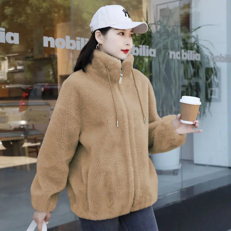 Femmes hiver Double corail polaire manteau chaud col montant en peluche épais pardessus femme mode décontracté à manches longues fermeture éclair vêtements