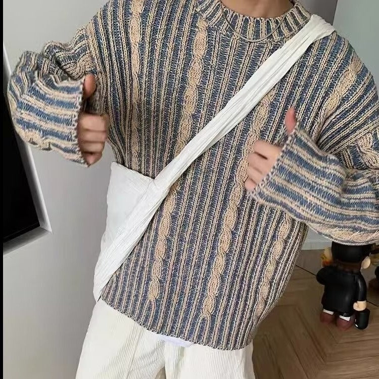 Pull tricoté à rayures multicolores rétro, col rond, pour homme