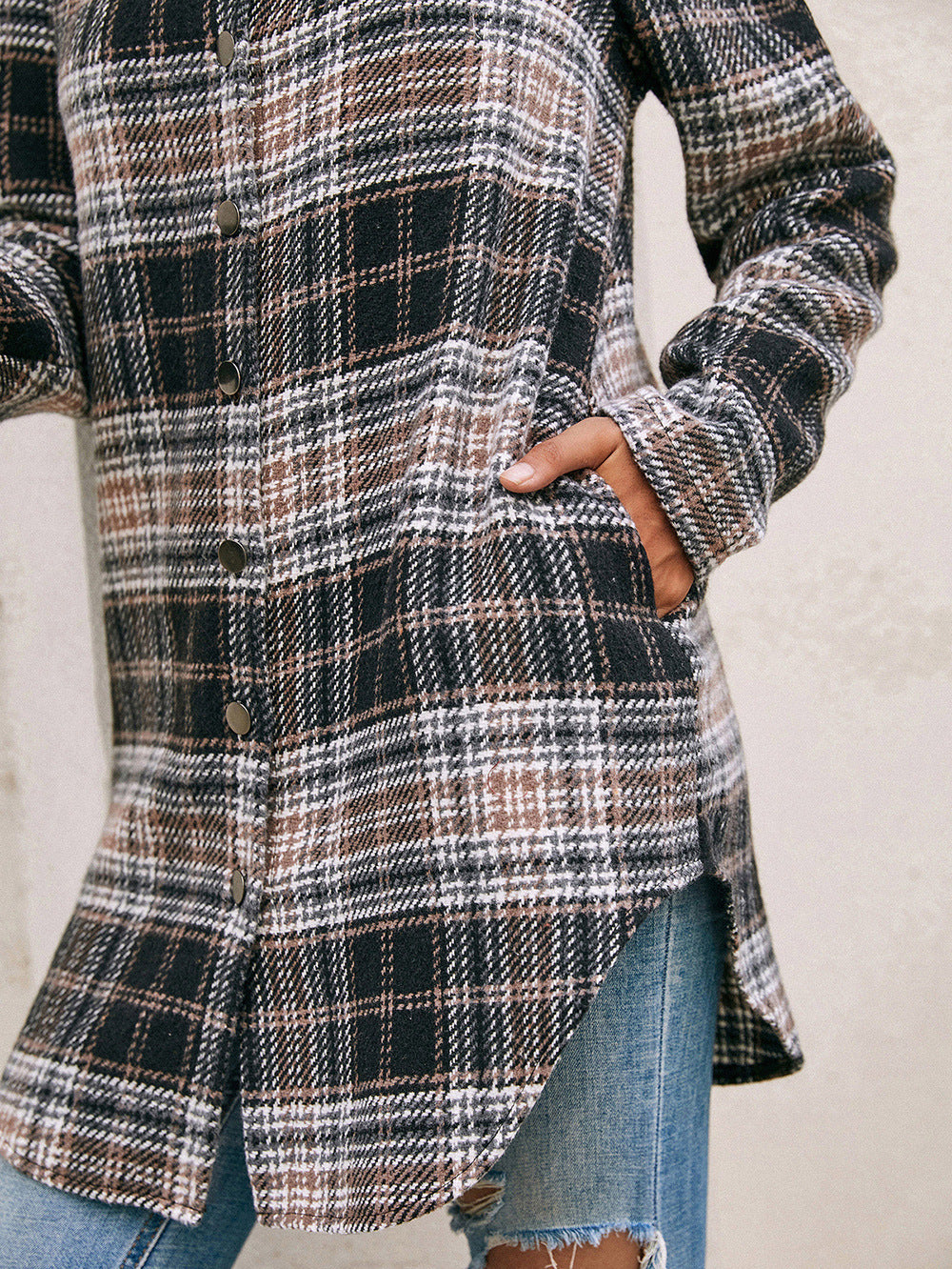 Veste chemise ample décontractée à carreaux en peluche pour femme