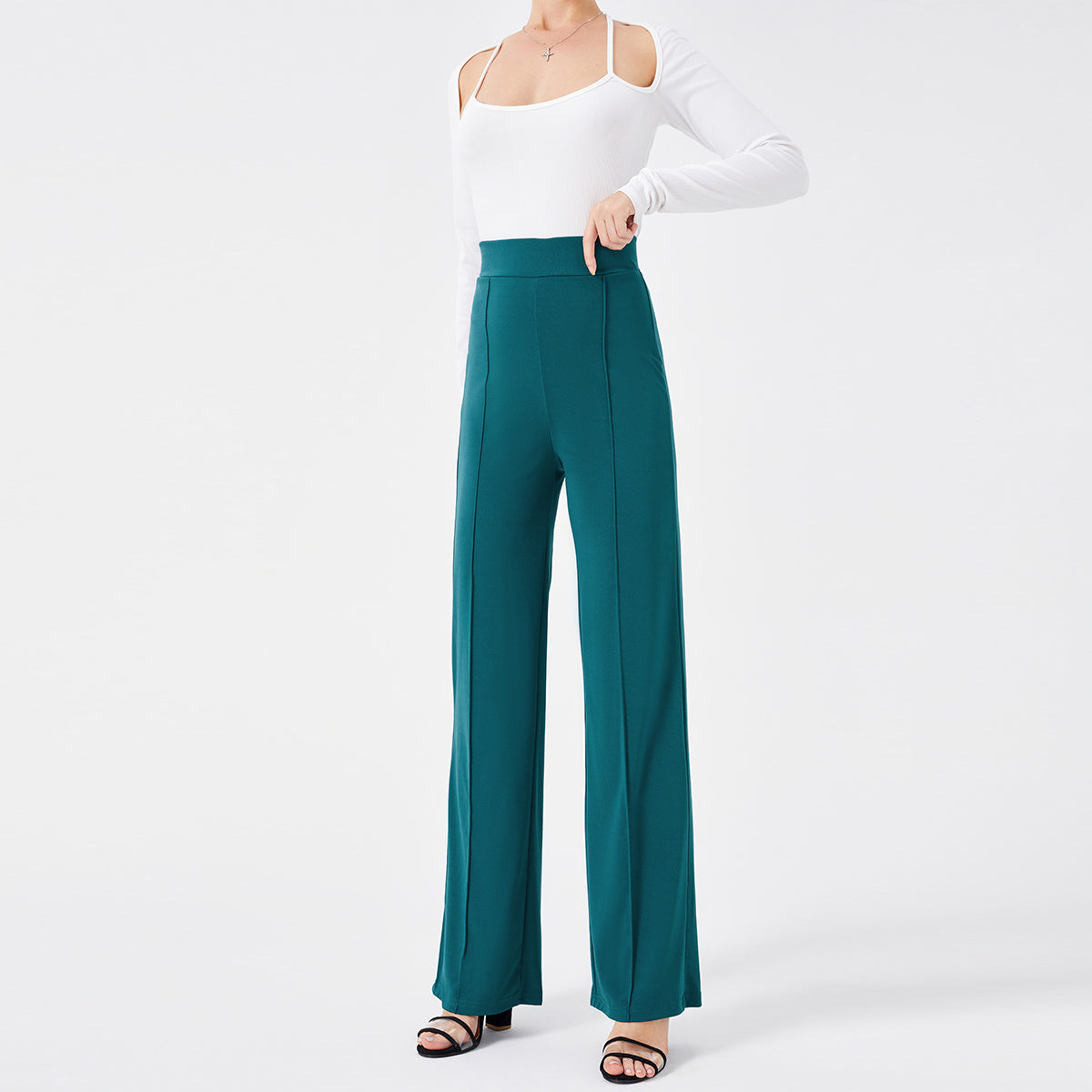 Pantalon décontracté de couleur unie, slim, taille haute, pattes d'éléphant