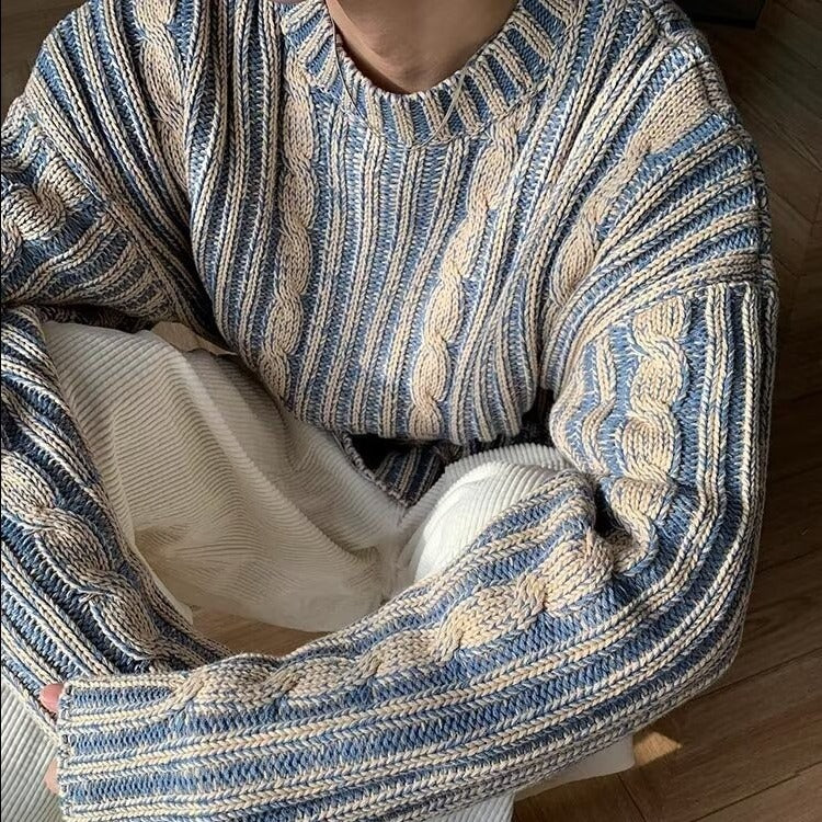 Pull tricoté à rayures multicolores rétro, col rond, pour homme