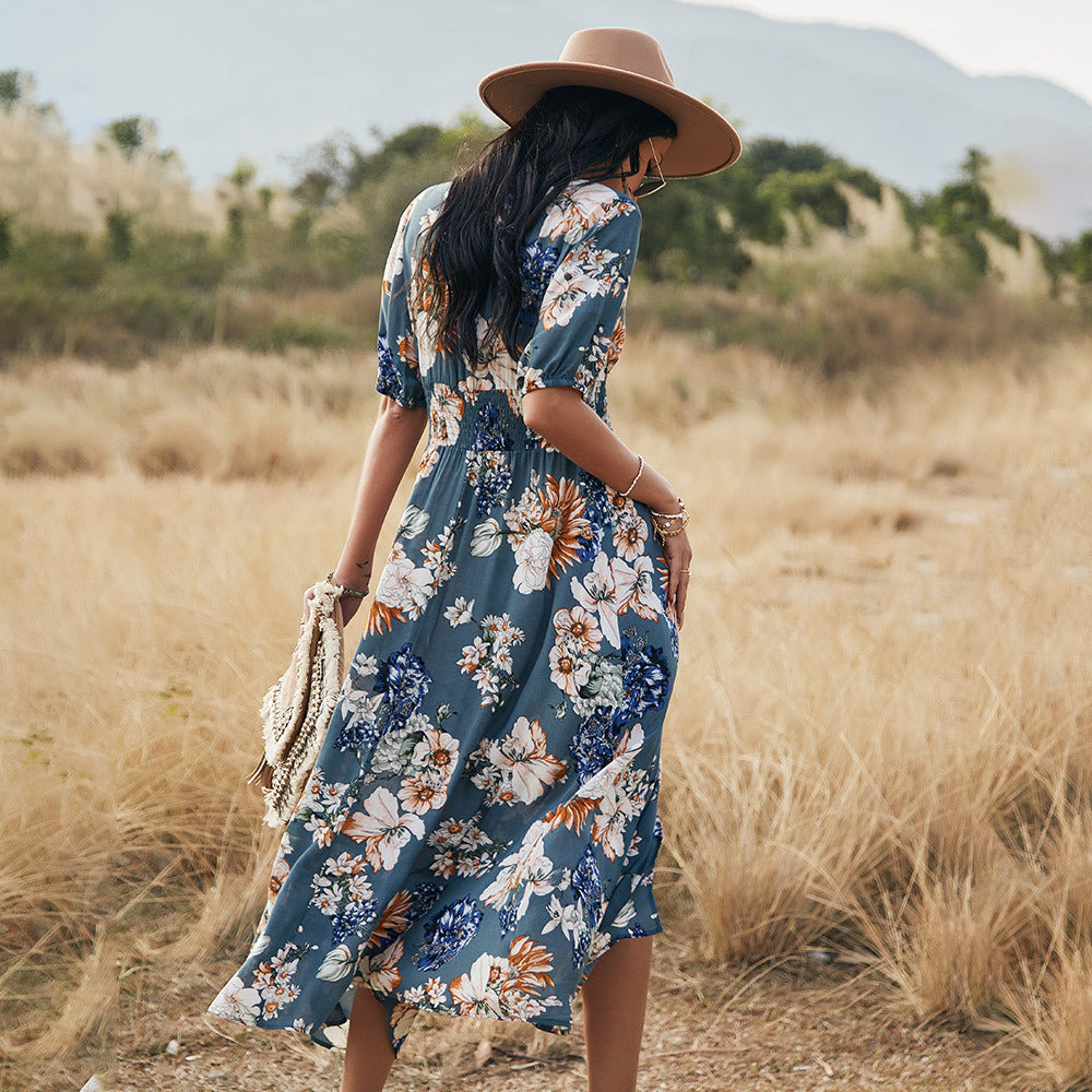 Robe de plage fleurie d'été avec col en V et taille élastique pour femme