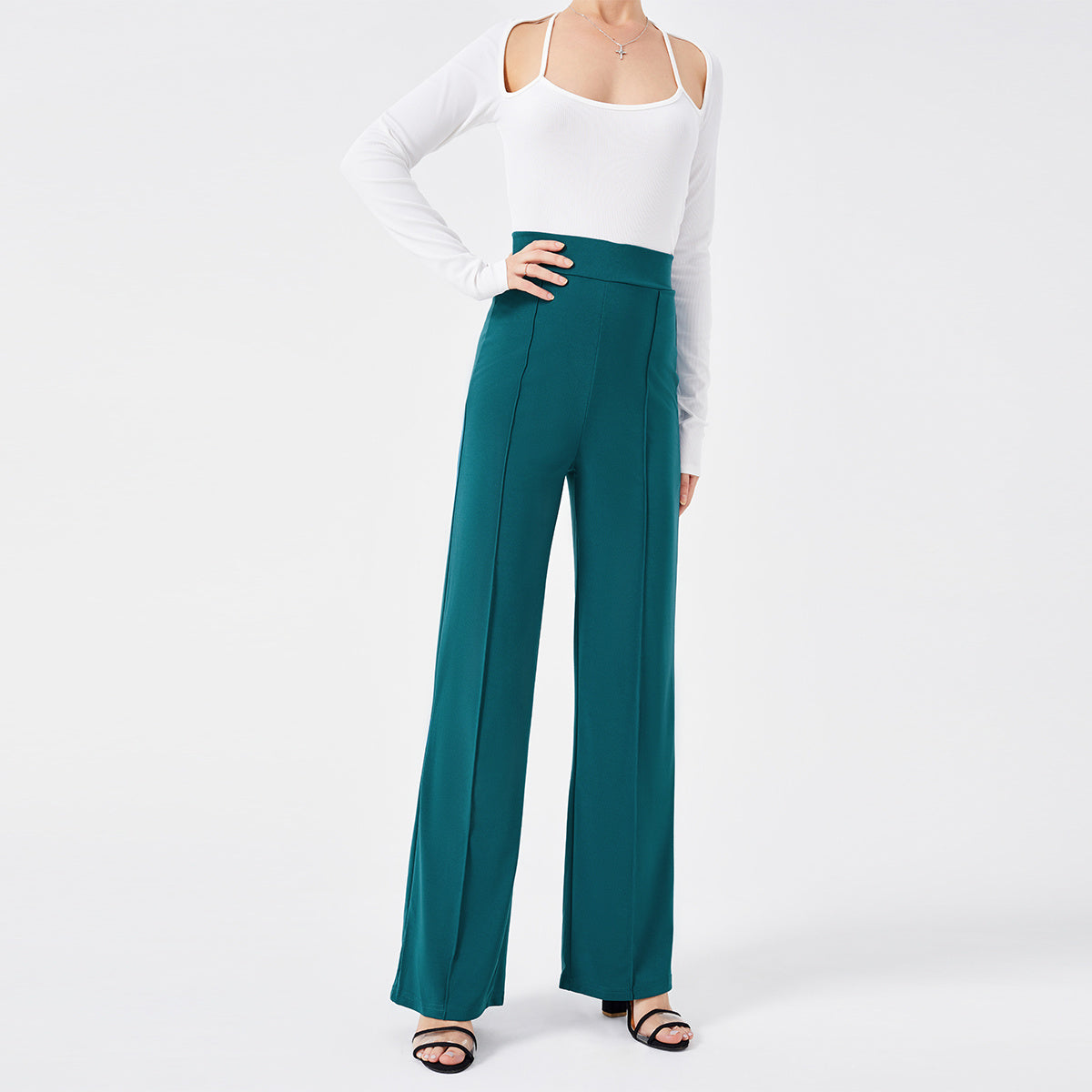 Pantalon décontracté de couleur unie, slim, taille haute, pattes d'éléphant