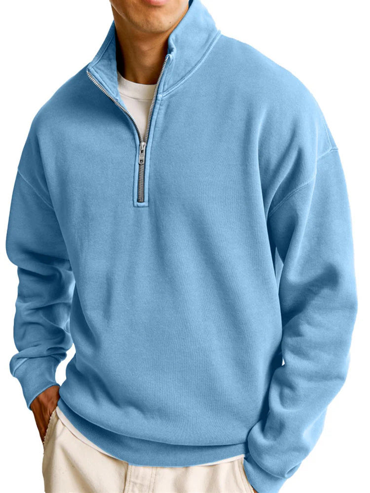 Pull décontracté à manches longues et col montant pour homme avec fermeture éclair