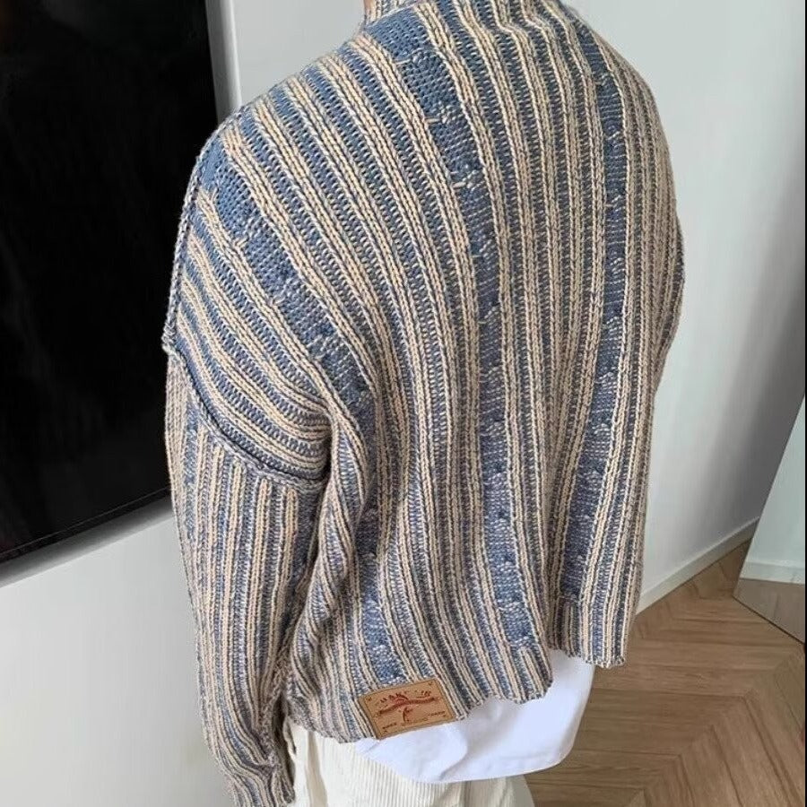 Pull tricoté à rayures multicolores rétro, col rond, pour homme