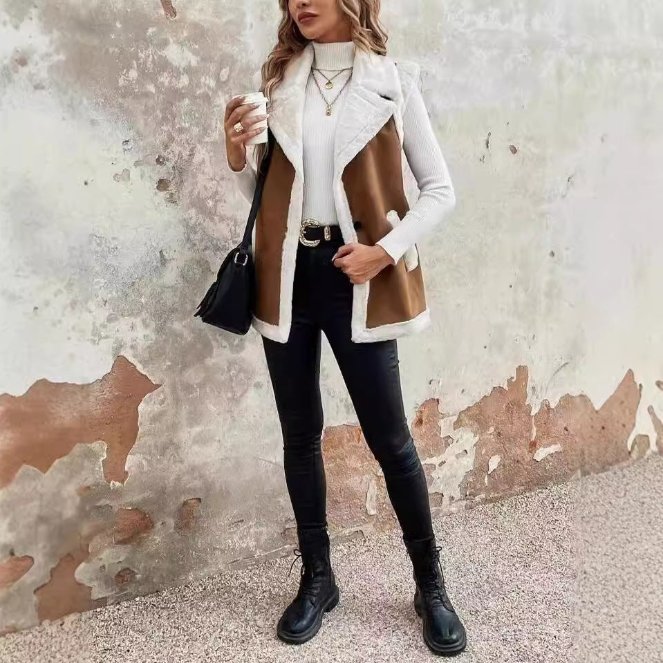 Gilet femme tendance en laine d'agneau avec coutures