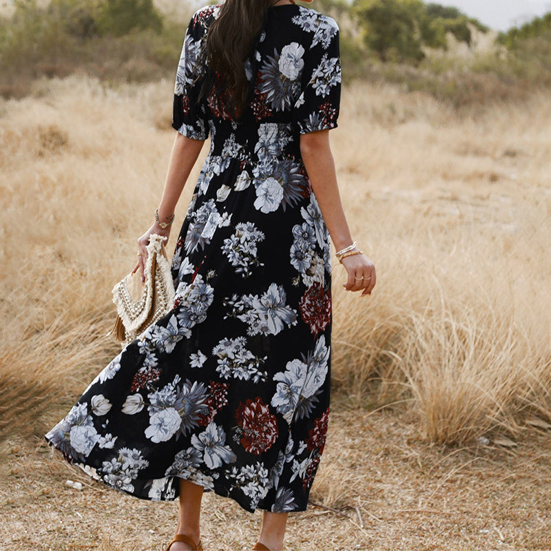Robe de plage fleurie d'été avec col en V et taille élastique pour femme