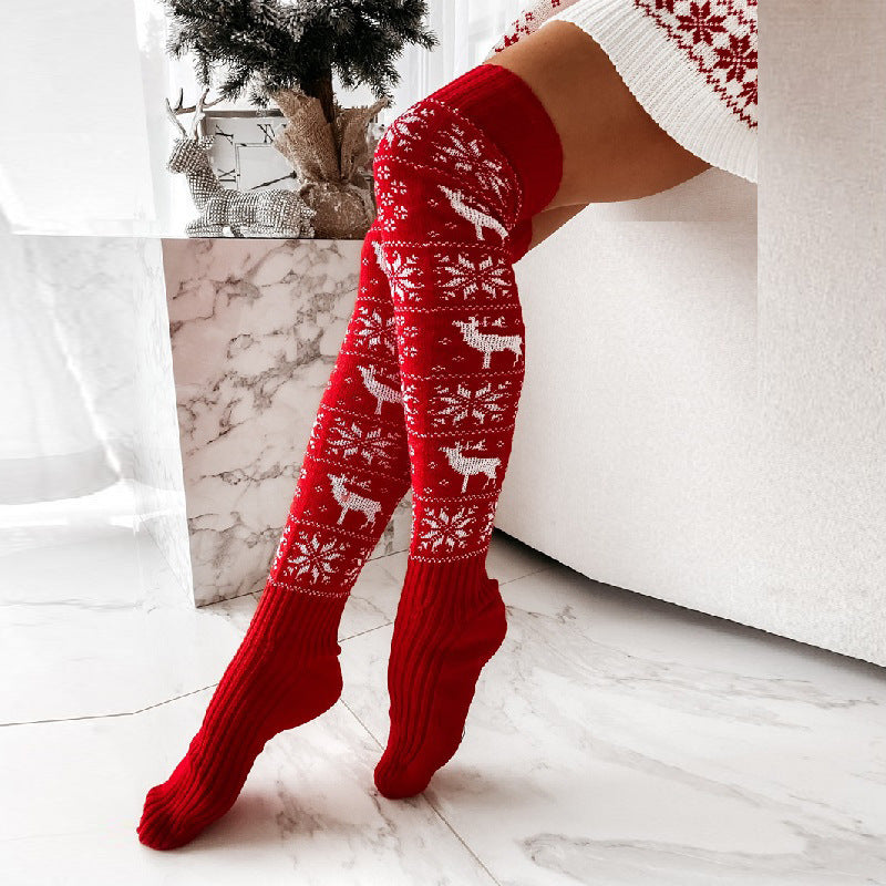 Chaussettes longues tricotées chaudes pour femme, motif élan, flocon de neige TAILLE UNIQUE