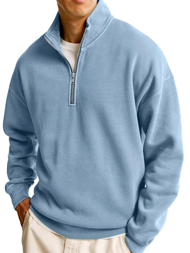 Pull décontracté à manches longues et col montant pour homme avec fermeture éclair