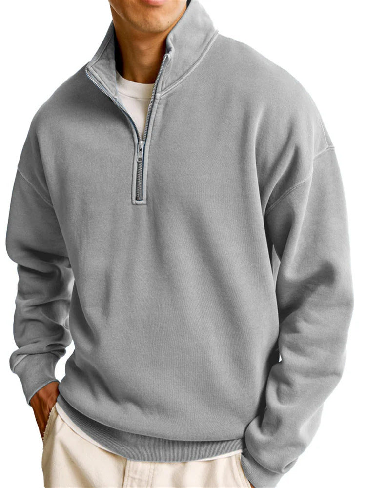 Pull décontracté à manches longues et col montant pour homme avec fermeture éclair