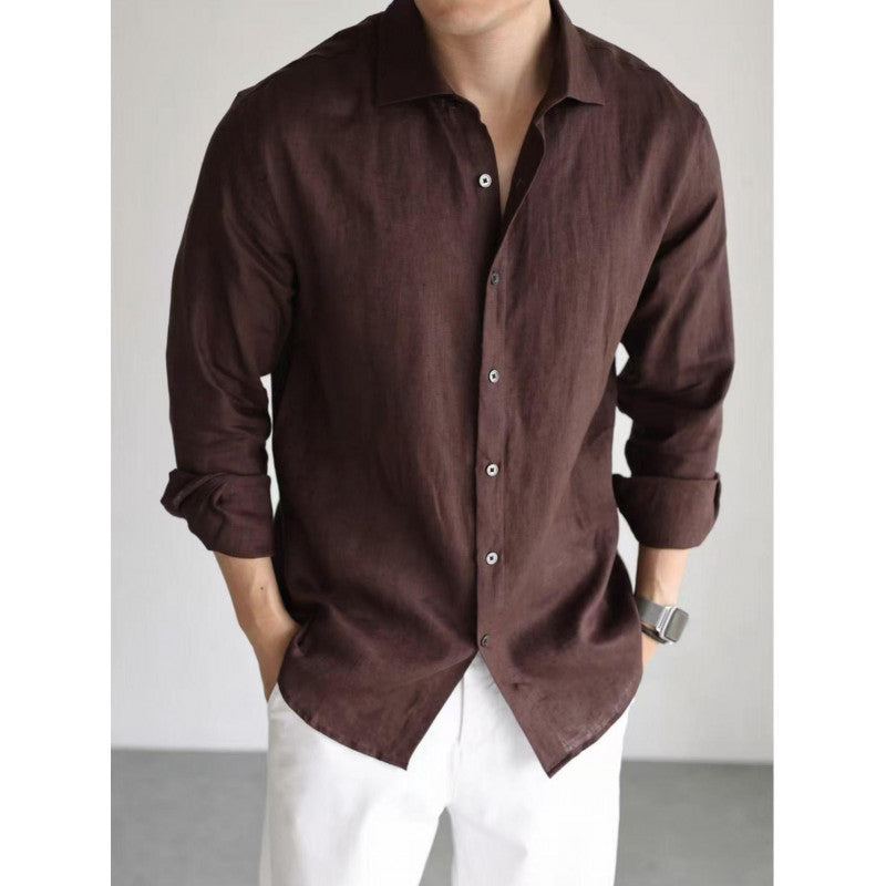 Chemise à manches longues en coton et lin mélangés