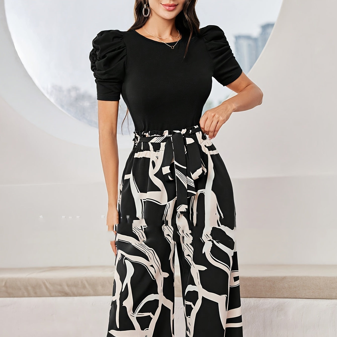 Ensemble deux pièces haut à manches courtes et pantalon large décontracté imprimé en jacquard tendance