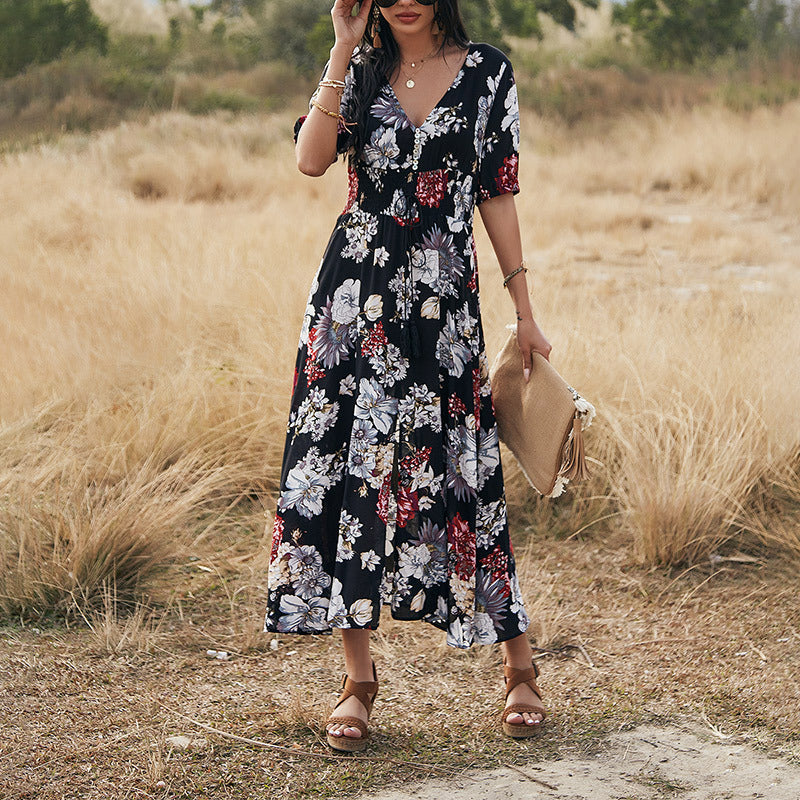 Robe de plage fleurie d'été avec col en V et taille élastique pour femme